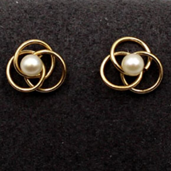 14K Pearl Stud Earrings with Flower Design - Picture 1 of 5